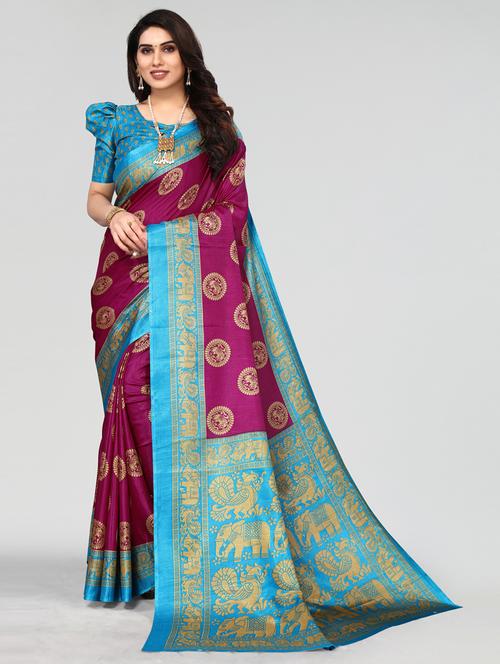 magenta self design woven saree with blouse - 20087030 - Very Small Image - 1