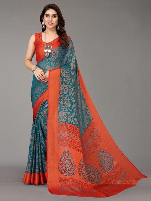 teal green printed saree with blouse - 20087051 - Very Small Image - 1