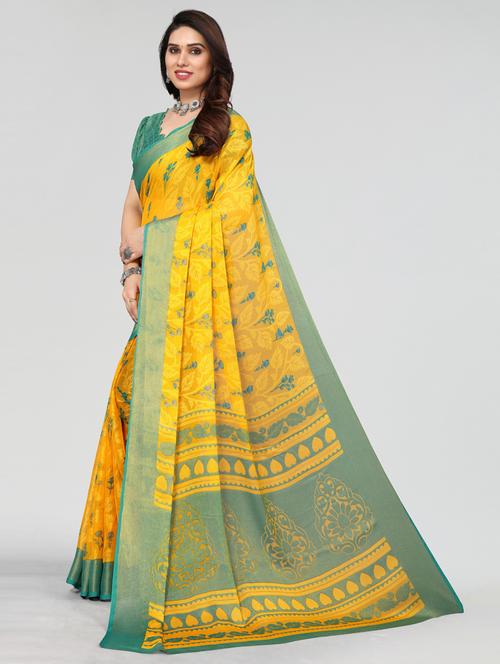 yellow printed saree with blouse - 20087061 - Very Small Image - 1