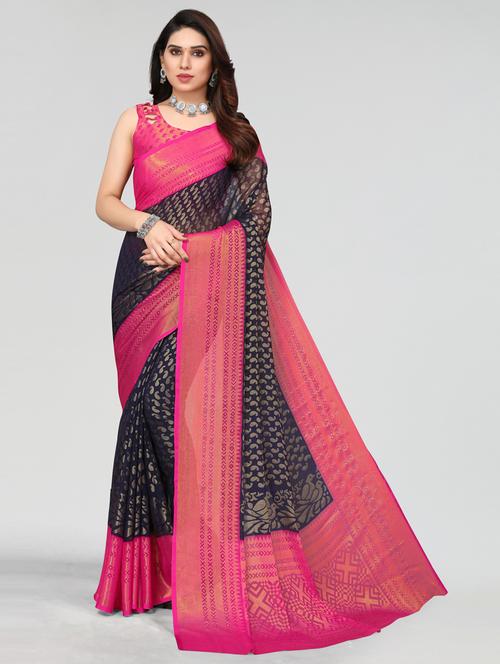 dark blue printed saree with blouse - 20087067 - Very Small Image - 1