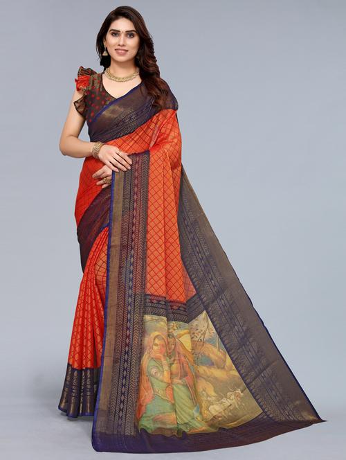 orange printed saree with blouse - 20087082 - Very Small Image - 1