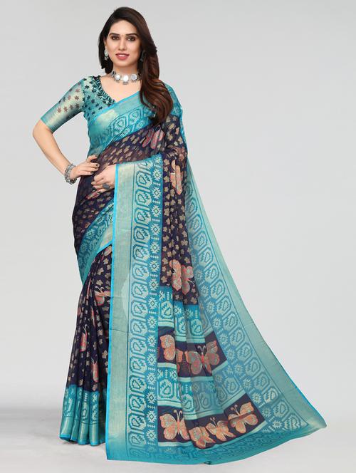 dark blue printed saree with blouse - 20087087 - Very Small Image - 1