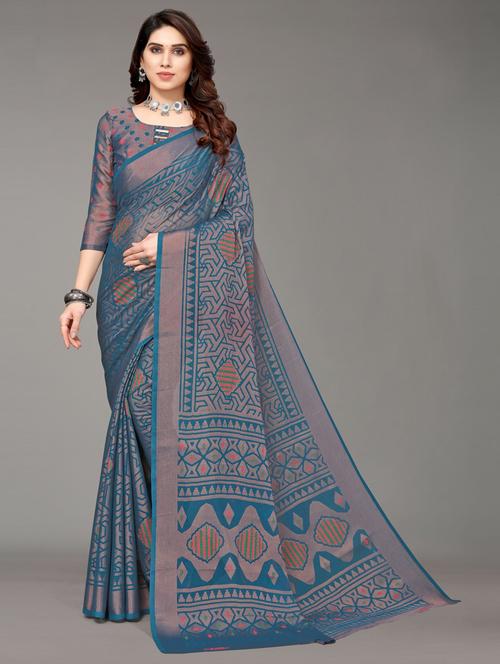 teal blue printed saree with blouse - 20087109 - Very Small Image - 1