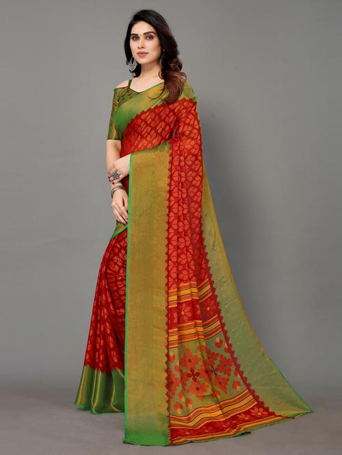 red woven saree with blouse - 20087165 - Very Small Image - 1