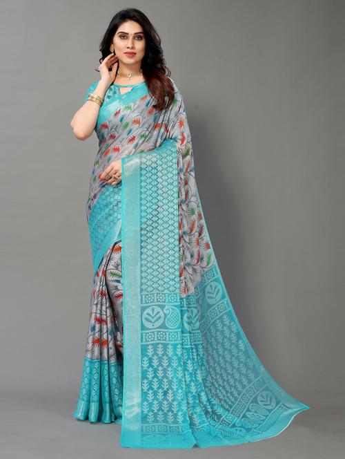 blue printed saree with blouse - 20087169 - Very Small Image - 1