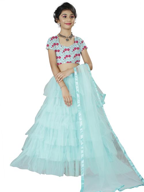 blue self design semi-stitched lehenga - 20087625 - Very Small Image - 1