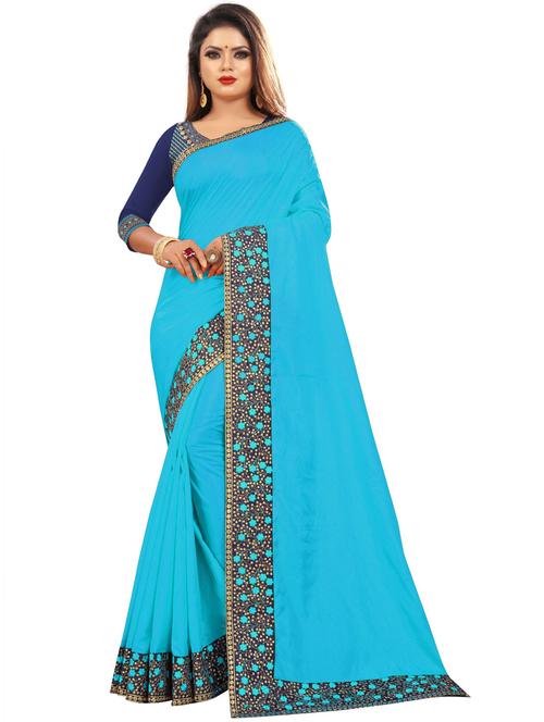 blue solid bordered saree with blouse - 20087789 - Very Small Image - 1