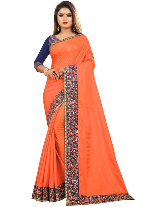 orange solid bordered saree with blouse - 20087796 - Very Small Image - 1
