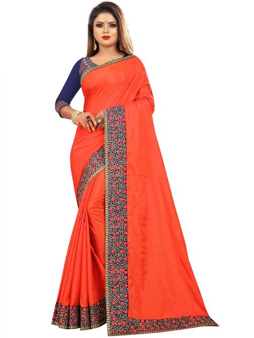 orange solid bordered saree with blouse - 20087814 - Very Small Image - 1