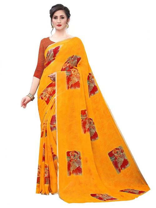 yellow printed saree with blouse - 20087879 - Very Small Image - 1