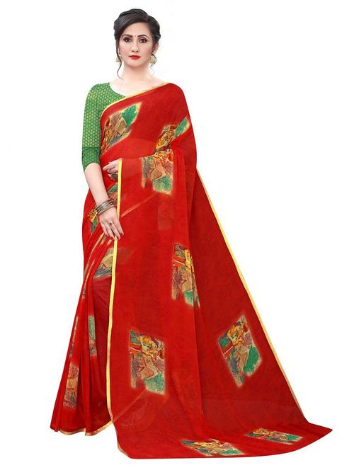 red printed saree with blouse - 20087907 - Very Small Image - 1
