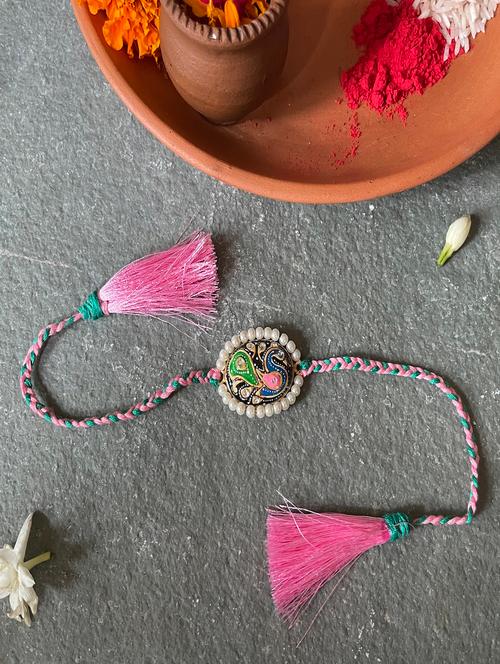 green and pink cotton thread rakhi - 20088039 - Very Small Image - 1