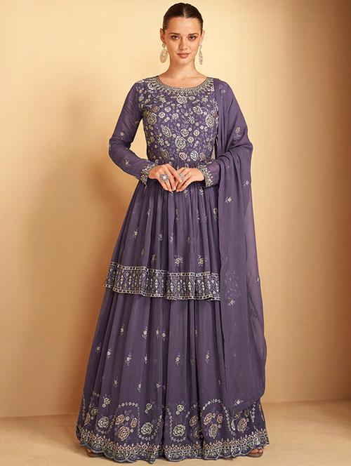 purple georgette semistitched suit - 20088903 - Very Small Image - 1
