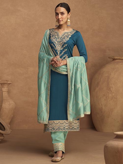 embroidered. palazzo semi-stitched suit set - 20089016 - Very Small Image - 1