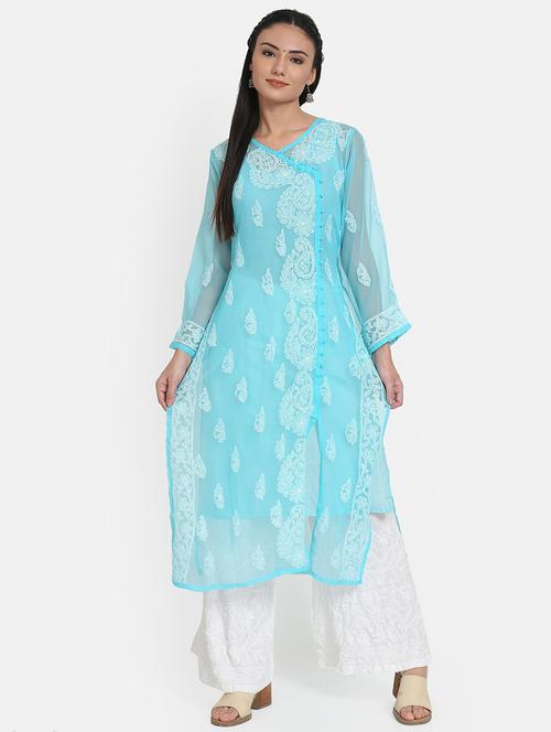 round neck chikankari a-line long kurta - 20095476 - Very Small Image - 1