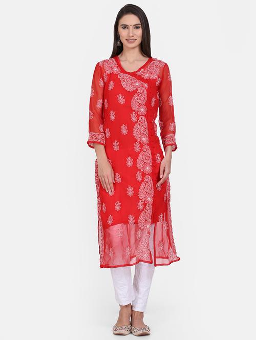 round neck chikankari a-line long kurta - 20095479 - Very Small Image - 1