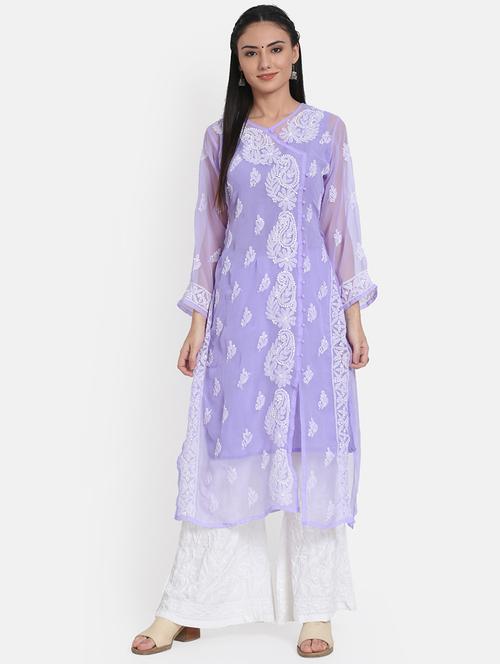 round neck chikankari a-line long kurta - 20095482 - Very Small Image - 1