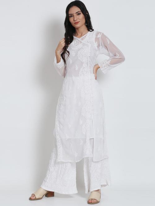 round neck chikankari a-line long kurta - 20095483 - Very Small Image - 1