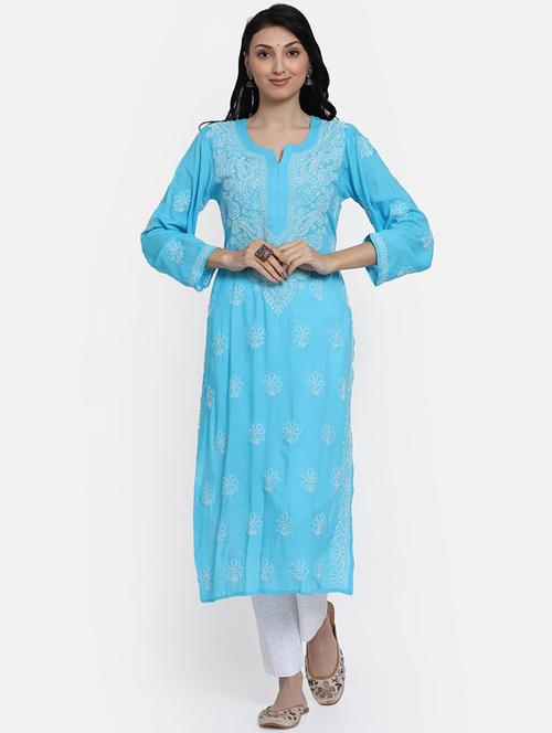 notch neck chikankari straight long kurta - 20095487 - Very Small Image - 1