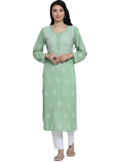 notch neck chikankari straight long kurta - 20095491 - Very Small Image - 1
