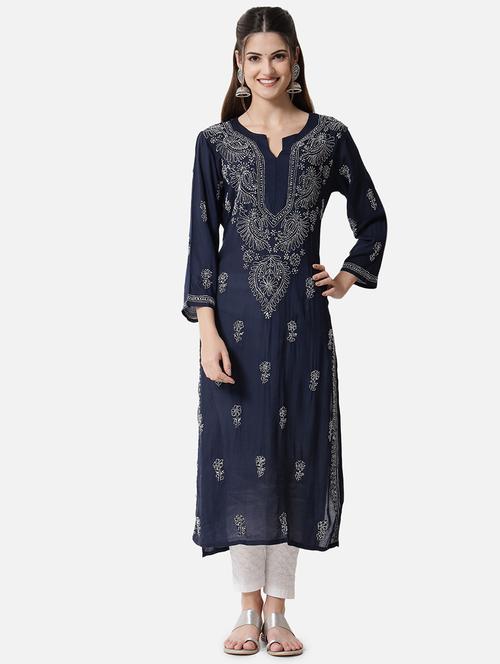 notch neck chikankari straight long kurta - 20095508 - Very Small Image - 1