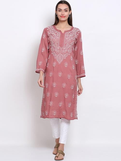 notch neck chikankari straight long kurta - 20095509 - Very Small Image - 1