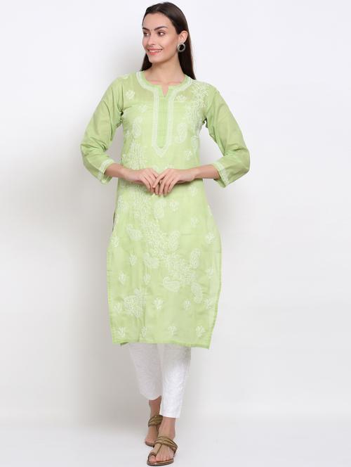 notch neck chikankari straight long kurta - 20095526 - Very Small Image - 1