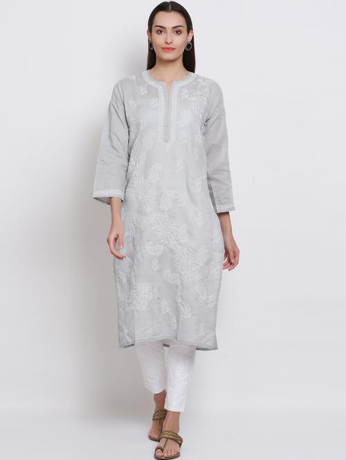 notch neck chikankari straight long kurta - 20095529 - Very Small Image - 1