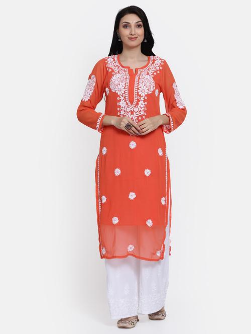 orange chikankari embroidered straight kurta - 20095557 - Very Small Image - 1