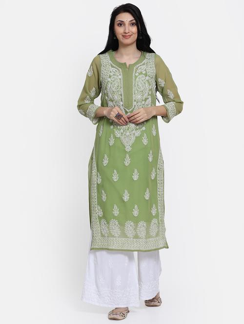 green chikankari embroidered straight kurta - 20095664 - Very Small Image - 1