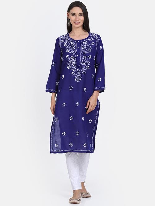 blue chikankari embroidered straight kurta - 20095672 - Very Small Image - 1