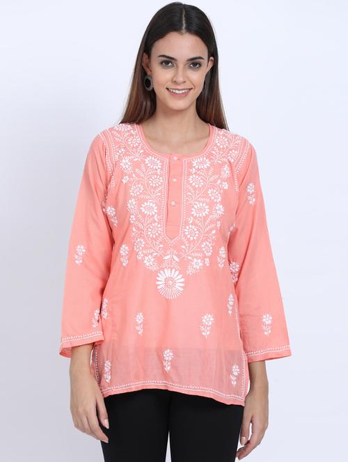 round neck chikankari work a-line kurti - 20095962 - Very Small Image - 1