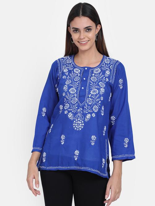 round neck chikankari work a-line kurti - 20095966 - Very Small Image - 1