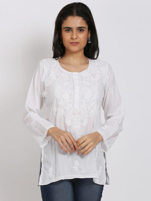 round neck chikankari work a-line kurti - 20095972 - Very Small Image - 1