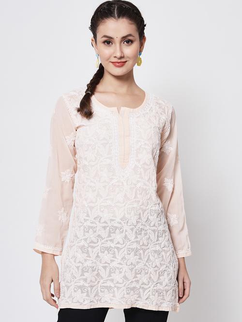 round neck chikankari work a-line kurti - 20095973 - Very Small Image - 1
