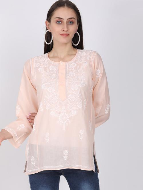 round neck chikankari work a-line kurti - 20095981 - Very Small Image - 1