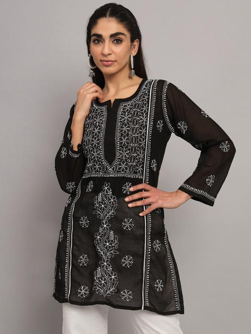 round neck chikankari work a-line kurti - 20095993 - Very Small Image - 1