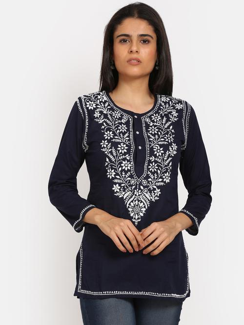 round neck chikankari work a-line kurti - 20095997 - Very Small Image - 1