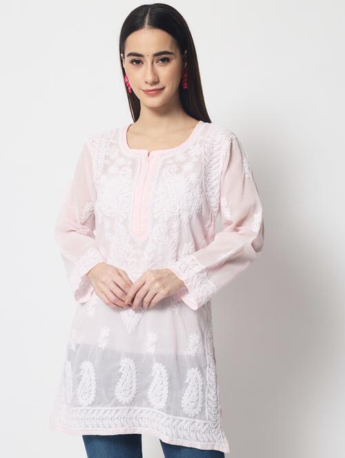 round neck chikankari work a-line kurti - 20095998 - Very Small Image - 1