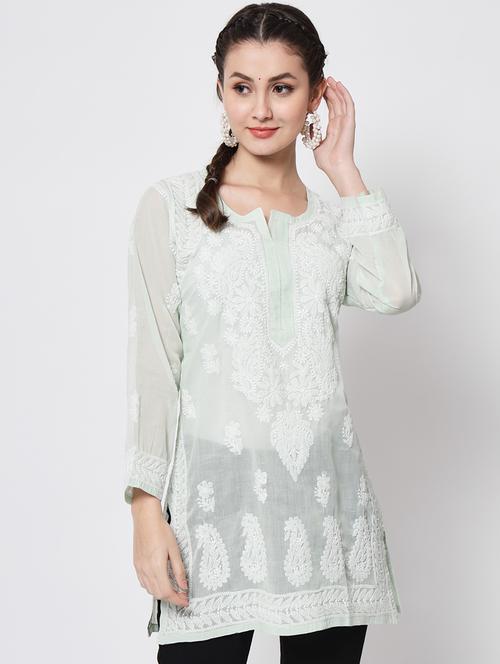 round neck chikankari work a-line kurti - 20096001 - Very Small Image - 1