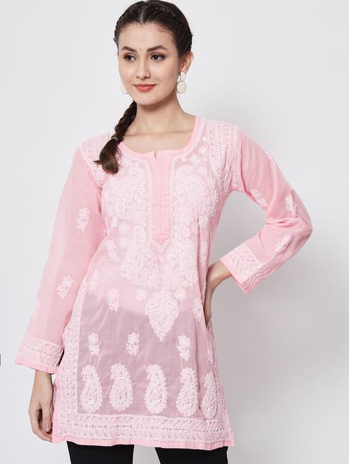 round neck chikankari work a-line kurti - 20096008 - Very Small Image - 1
