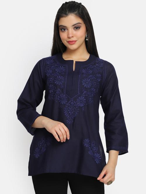 round neck chikankari work a-line kurti - 20096009 - Very Small Image - 1