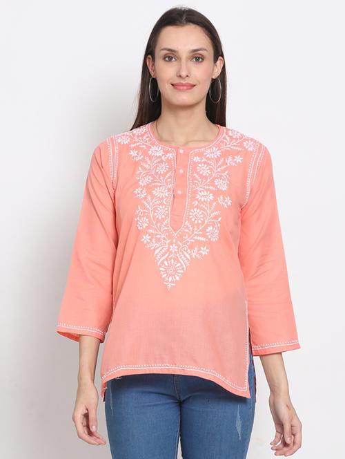 round neck chikankari work a-line kurti - 20096010 - Very Small Image - 1