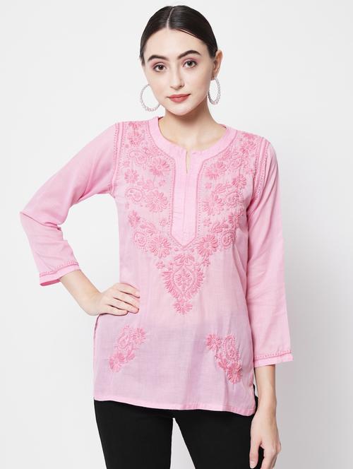 round neck chikankari work a-line kurti - 20096012 - Very Small Image - 1