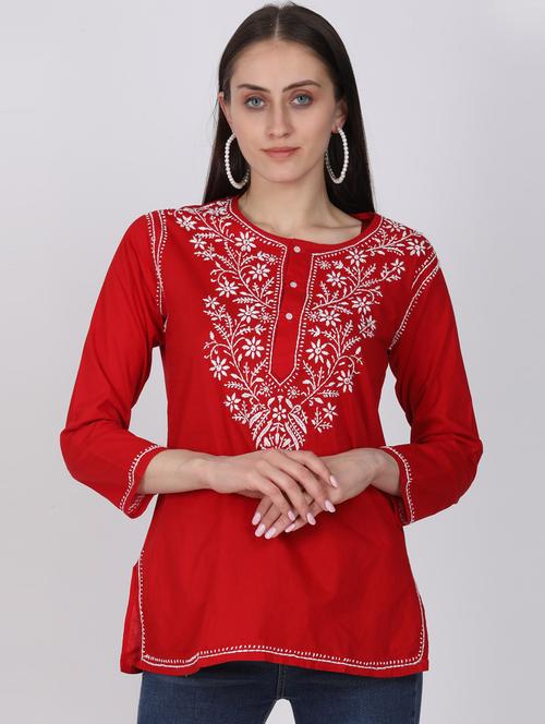 round neck chikankari work a-line kurti - 20096013 - Very Small Image - 1