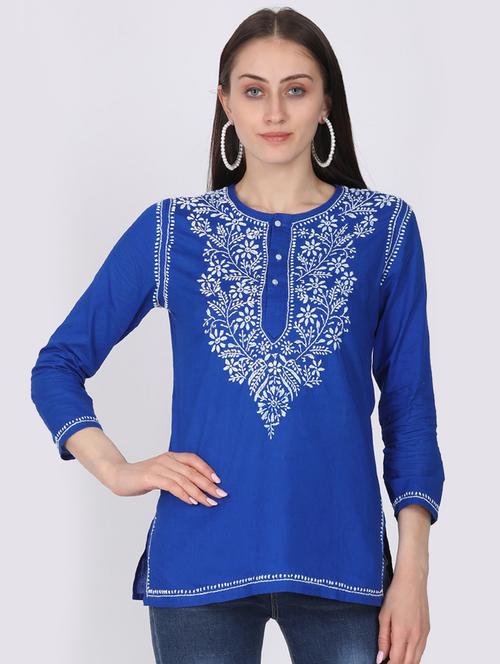 round neck chikankari work a-line kurti - 20096016 - Very Small Image - 1