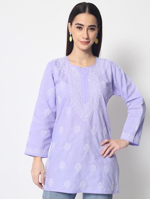 round neck chikankari work a-line kurti - 20096017 - Very Small Image - 1