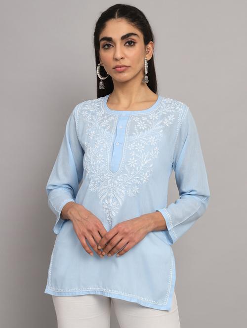 round neck chikankari work a-line kurti - 20096019 - Very Small Image - 1