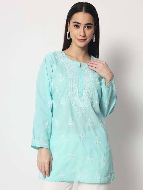 round neck chikankari work a-line kurti - 20096023 - Very Small Image - 1