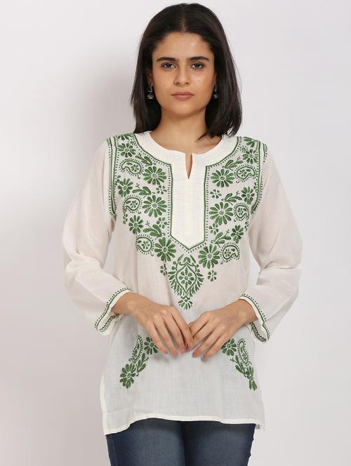 round neck chikankari work a-line kurti - 20096034 - Very Small Image - 1
